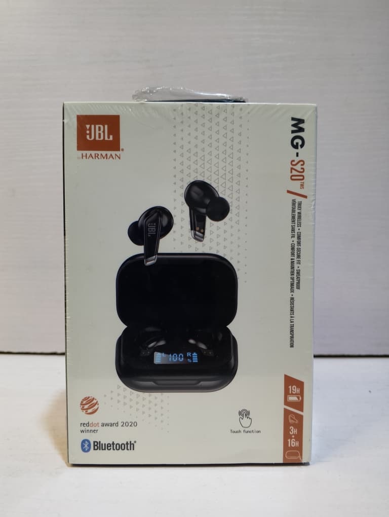 JBL mg s20 wireless earbuds with charging dock.