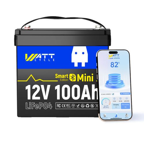 WattCycle 12V 100Ah Bluetooth LiFePO4 Battery 1280Wh Deep Cycle Solar Storage Battery Smart BMS | Home Backup UPS For Solar Inverter, RV, Marine